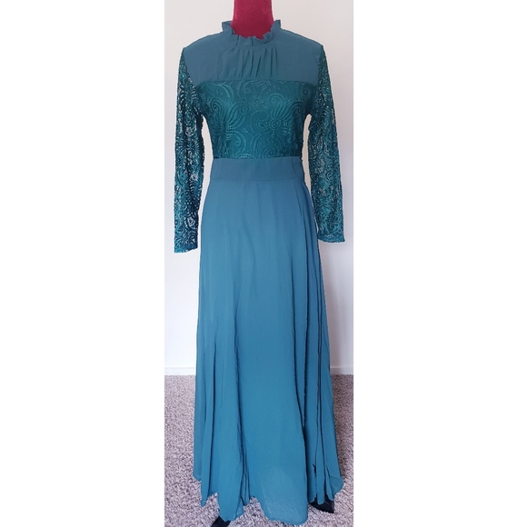 ROIII DARK GREEN FRILL NECK BODICE FLOWRY ONE PIECE DRESS - Picture 3 of 5